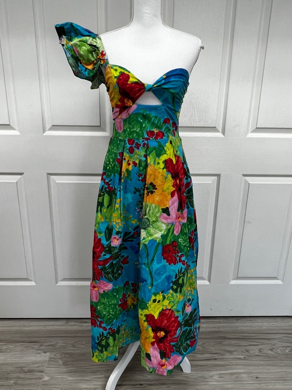 ANTHROPOLOGIE Eva Franco One Shoulder Floral Pleated Dress Size 2